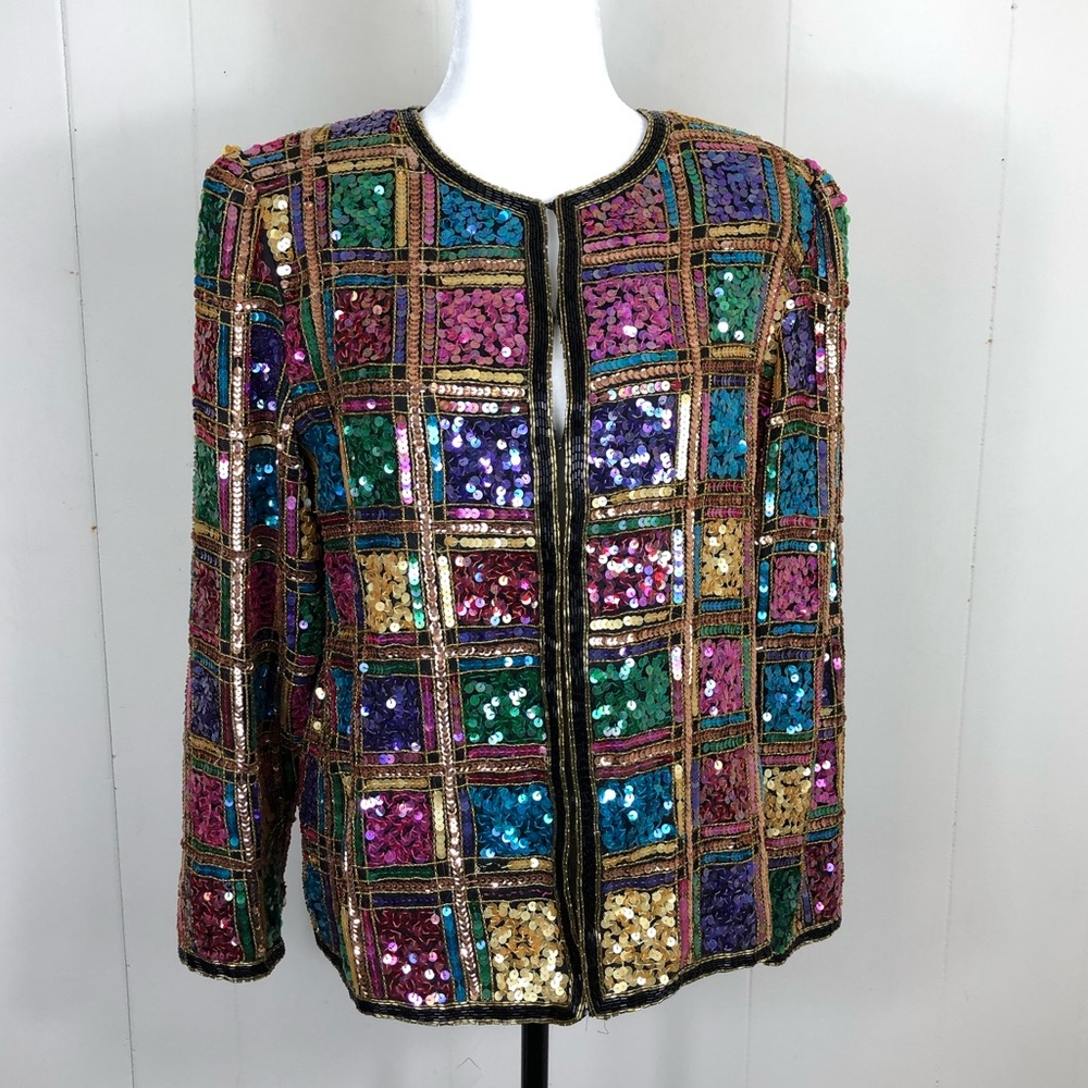 Vintage 80s Rainbow Sequin Evening‎ Jacket Sz M